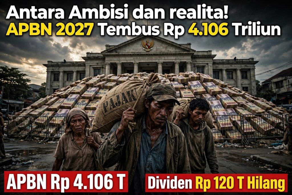 Ilustrasi rakyat kecil memikul beban pajak di tengah APBN 2027 Rp4.106 Triliun dan hilangnya dividen BUMN Rp120 Triliun. Foto: NPI