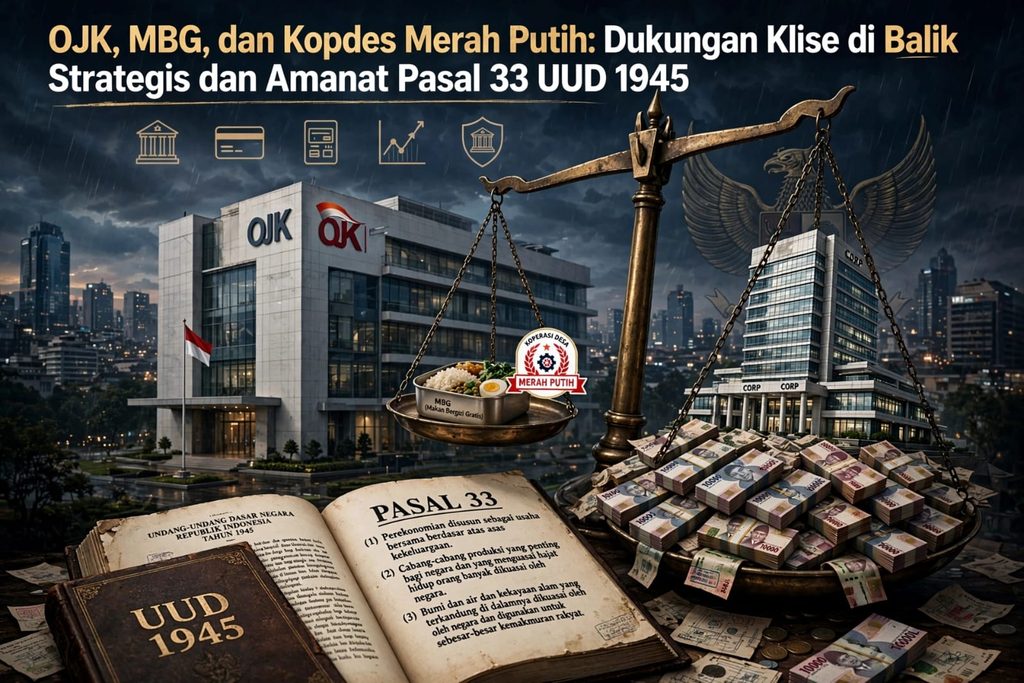 lustrasi editorial timbangan keadilan yang timpang antara program Makan Bergizi Gratis (MBG) dan Koperasi Desa Merah Putih dengan gunungan uang korporasi di depan gedung OJK, dengan kitab UUD 1945 Pasal 33 terbuka di bawahnya sebagai simbol konstitusi ekonomi yang dilupakan.