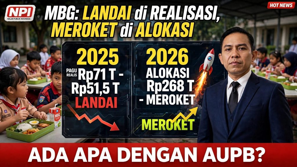 Infografis NPI Program Makan Bergizi Gratis MBG 2025 realisasi Rp51,5 triliun dari pagu Rp71 triliun landai dan alokasi 2026 Rp268 triliun meroket, ada apa dengan Anggaran Untuk Program Bergizi AUPB